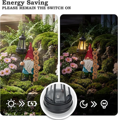 PETAFLOP Solar Garden Gnome Statue Decor with Welcome Sign, Funny Gnomes Figurine for Yard Patio Balcony Outdoor Decorations, Mother's Day Birthday Housewarming Gifts for Mom Grandma