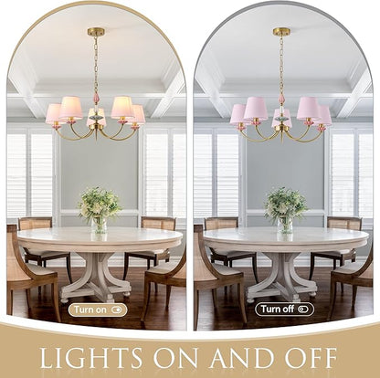 Pink Chandelier for Bedroom Light Fixture, Brushed Gold Art Deco Chandelier with Fabric Shade,Antique Modern Chandeliers paired with Ceramic for Girls Bedroom，Living Room，Dining Room
