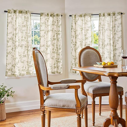 jinchan Floral Kitchen Curtains 45 Inch Linen Tier Curtains Farmhouse Cafe Half Window Drapes for Small Windows Light Filtering Sage Green on Beige for Living Room Bathroom Back Tab 2 Panels