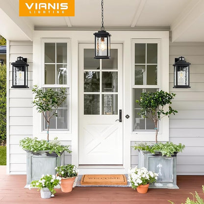 VIANIS Large Exterior Pendant Lights with Adjustable Wire, Matte Black Pendant Light with Water Glass, Pendant Light Fixtures Suiting for Sloped Ceiling, Outdoor Ceiling Lights for Porch