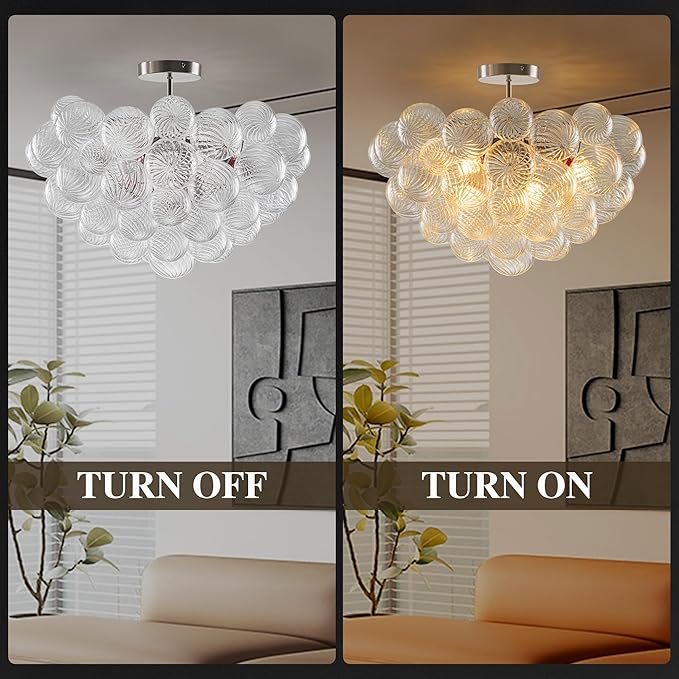 Hand Blown Glass Bubble Ball Chandelier Nickel-Plated 24" Semi-Flush Mount Ceiling Lights Art Deco Cluster Ribbed Glass Globe Chandeliers Light Fixture for Dining Living Bedroom Island