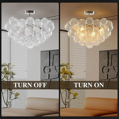 Hand Blown Glass Bubble Ball Chandelier Nickel-Plated 24" Semi-Flush Mount Ceiling Lights Art Deco Cluster Ribbed Glass Globe Chandeliers Light Fixture for Dining Living Bedroom Island