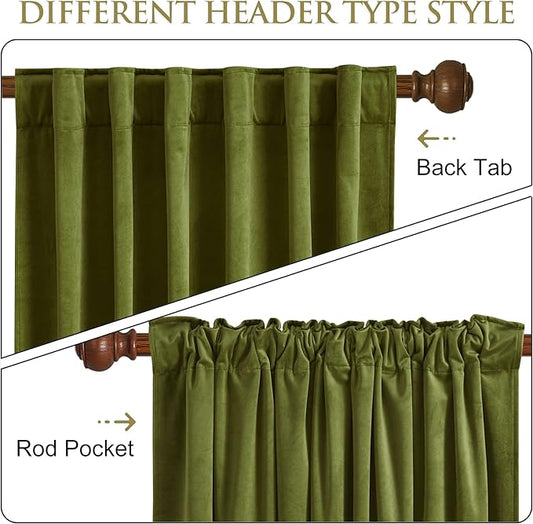StangH Olive Green Velvet Curtains for Bedroom, Back Tab Light Blocking Thermal Insulated Window Door Drapes for Living Room/Farmhouse/Office, W52 x L84, 1 Panel