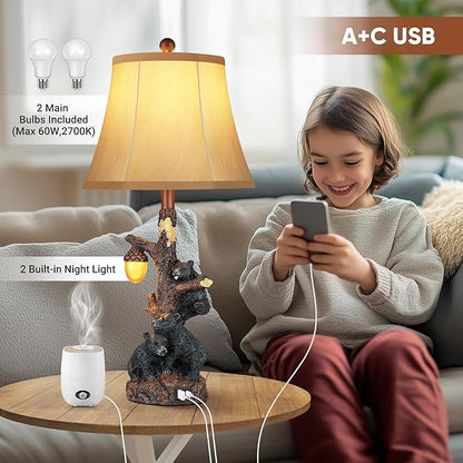 Set of 2 Bear Bedside Table Lamps for Bedroom with Nightlight & USB A+C,Touch Accent Cottage Table Lamps for Living Room,Farmhouse Rustic Animal Nightstand Lamps for Western Cabin Christmas Decor