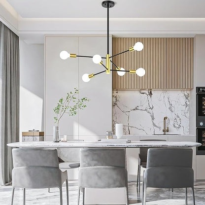 Modern Sputnik Chandeliers for Dining Room, Height Adjustable Semi Flush Black and Gold Chandelier Ceiling Mount Light Fixture 6-Light Mid Century for Living Room, Kitchen Island, Bedroom