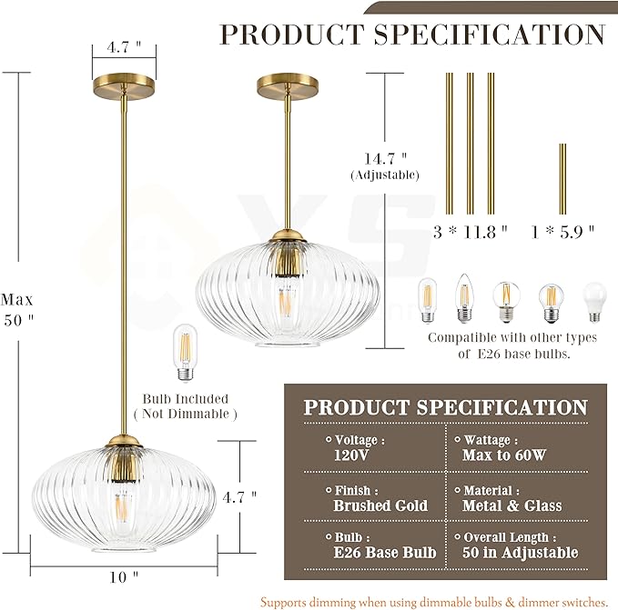 10" Clear Glass Modern Pendant Light Kitchen Island Brushed Gold Mid Century Modern Pendant Lighting with Clear Glass Hanging Pendant Light for Dining Room（Bulb Incl.）