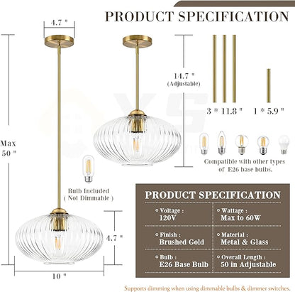 10" Clear Glass Modern Pendant Light Kitchen Island Brushed Gold Mid Century Modern Pendant Lighting with Clear Glass Hanging Pendant Light for Dining Room（Bulb Incl.）
