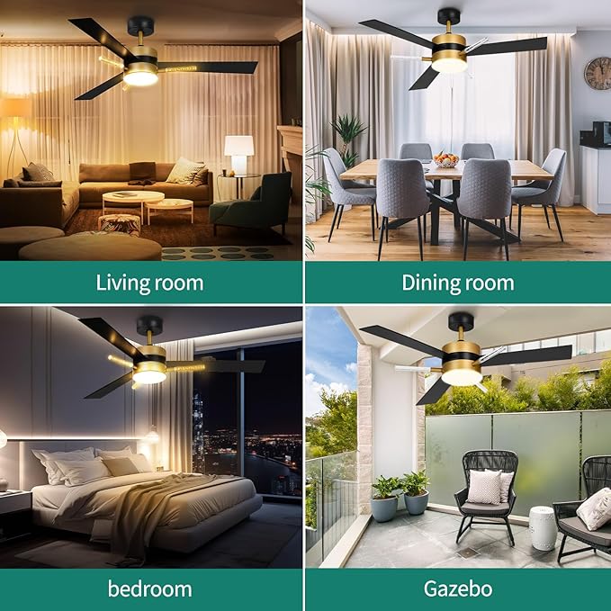 YITAHOME 60 inch Ceiling Fan with Light and Remote, Crystal Rod Design, Modern Fanlight with Reversible Quiet Motor, Black Gold Indoor Ceiling Fan with 3 LED Colors, Memory Function