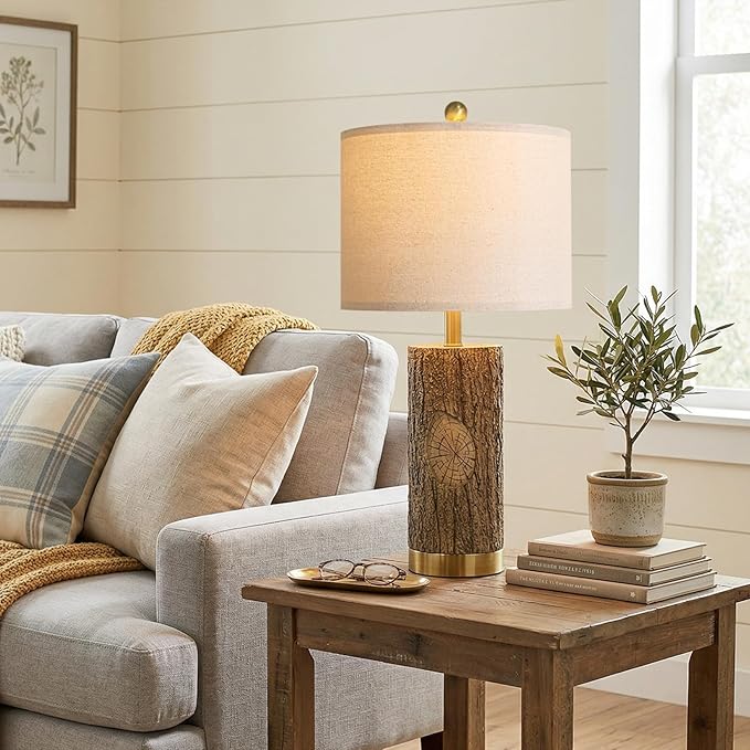OYEARS 25.5'' Rustic Farmhouse Table Lamps, Faux Wood Tree Bark Lamps with Gold Base, Bedside Lamps Set of 2 with A+C Charging Ports, Retro Nightstand Lamps for Living Room Bedroom Hallway Decor Brown