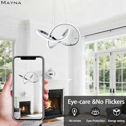 MAYNA Modern LED Chandelier for Dining Room, Dimmable LED Pendant Light with Remote, Irregular Infinity Light Fixture for Kitchen Island, 3 Color Changeable Chandelier, Chrome 19.7 inch