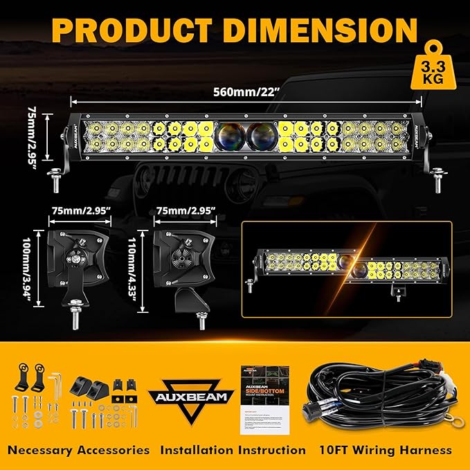 Auxbeam 22 Inch LED Light Bar, 5D-PRO Series 180W Waterproof Dual Row Spot Flood Combo Off Road Driving Lights, Auxiliary Bumper Work Lights with 10FT Wiring Harness for Car SUV UTV ATV Pickup Truck