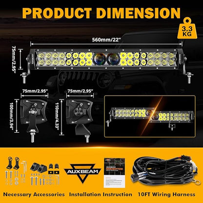 Auxbeam 22 Inch LED Light Bar, 5D-PRO Series 180W Waterproof Dual Row Spot Flood Combo Off Road Driving Lights, Auxiliary Bumper Work Lights with 10FT Wiring Harness for Car SUV UTV ATV Pickup Truck