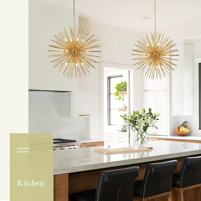 31.5" Gold Sputnik Chandelier 12-Light, Mid Century Modern Starburst Ceiling Light with Adjustable Chain, Industrial Globe Pendant Light Fixture for Dining Room Kitchen Island Living Room Foyer