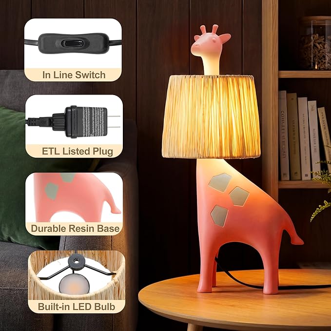 13.7 Inch LED Giraffe Table Lamp, Resin Animal Desk Lamp with Handcrafted Raffia Shade, Unique Decorative Light, Cute Desk Lamps for Nightstand, Bedroom, Playroom, Nursery, Pink