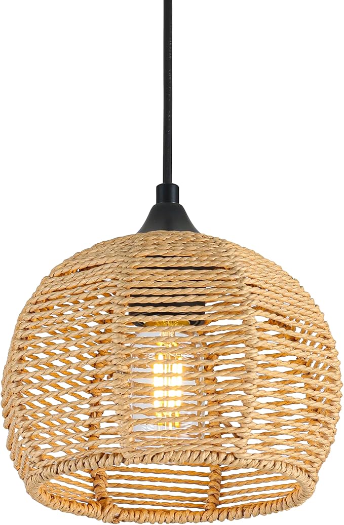 Wicker Pendant Lights Kitchen Island Natural Woven Pendant Light Boho Chandelier Fixture Dome Rustic Farmhouse Pendant Lights Rattan Light Fixture for Dining Room Kitchen Island