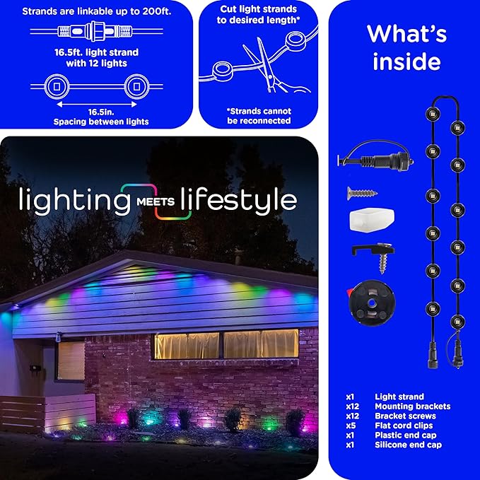 Enbrighten Vibe Eternity Permanent Outdoor Lights Extension Only, 16.5ft with 12 RGBWIC LEDs, Not for Standalone Use, Enbrighten 50ft or 100ft Eternity Lights Needed, Extendable up to 200ft, 82732