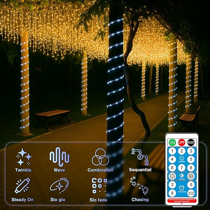 ANJAYLIA 66FT 200 LED Solar Rope Lights Outdoor Waterproof, Solar Powered Rope String Lights with 8 Modes & Timer Remote, for Outdoor, Patio, Garden, Camping, Holiday & Christmas Décor Cool White