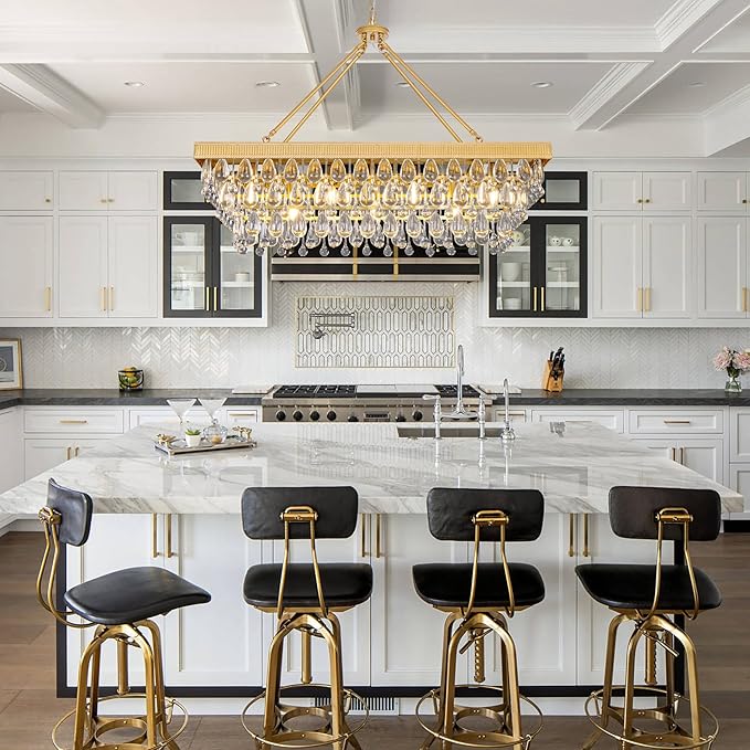 TOCHIC Crystal Dining Room Chandelier Over Table, Gold Linear Rectangle Chandelier 7 Lights Modern Farmhouse High Ceiling Light Fixture for Kitchen Island, Living Room, Entryway, 38" L