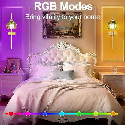 ZECOXOL Vintage Battery Operated Wall Sconces Set of 2, Gold Rechargeable Wireless Wall Lamp Lights with Glass Lampshade & Remote,Dimmable 12 Colors Flower Wall Sconce for Bedroom Living Room Hallway