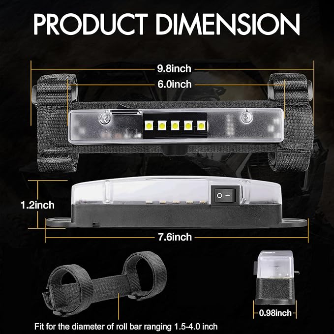UTV Dome Light, Rfroad Lighting Universal Roll Bar Roll Cage Mount UTV Interior Light Battery Powered for ATV SXS Polaris RZR Can Am Truck Car Off Road Golf Car, 2 Pack