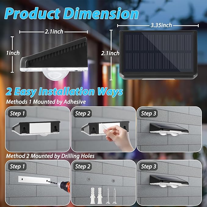 Solar Fence Lights Outdoor 8-Pack, Waterproof Solar Powered LED Fence Deck Light with Warm White & 6 RGB Colors & 2 Lighting Modes for Deck, Step, Stair, Fence, Outside, Patio, Garden, Backyard