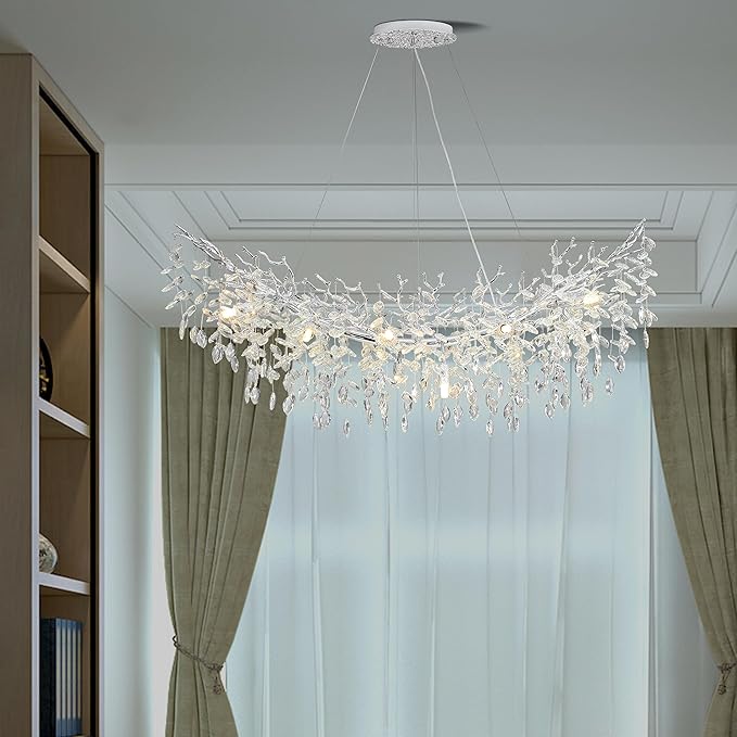 Modern Crystal Tree Branches Chandelier, 40in Silver 10 Lights Large Ceiling Hanging Light for Dining Room, Arc Raindrop Pendant Light Fixture