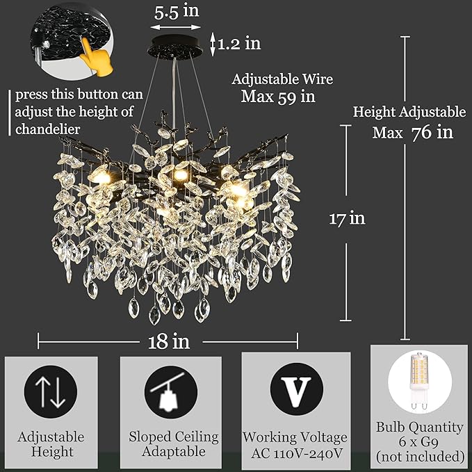 Modern Crystal Tree Branch Chandelier, Black Round Art Deco Pendant Light Raindrop Lighting Fixture for Dining Room Bedroom Foyer 6 Lights D18''