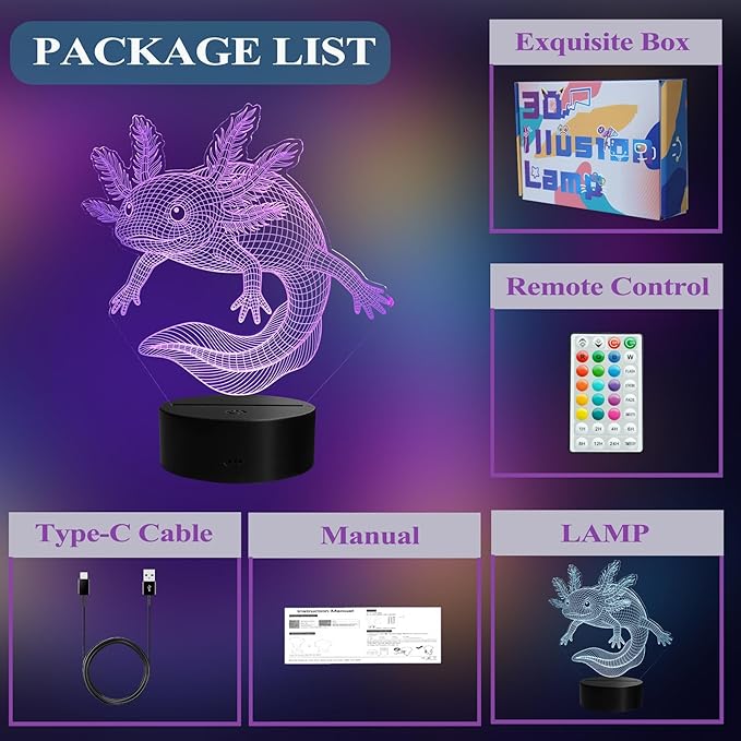 Axolotl Night Light, Axolotl Gifts, 3D Illusion Lamp with Remote Control, 16 RGB Colors, 4 Flashing Modes, Timer, Dimmable, Axolotl Toys Stuff for Decor for Holiday Birthday Christmas
