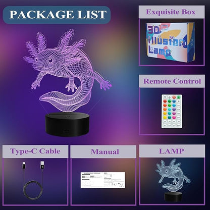 Axolotl Night Light, Axolotl Gifts, 3D Illusion Lamp with Remote Control, 16 RGB Colors, 4 Flashing Modes, Timer, Dimmable, Axolotl Toys Stuff for Decor for Holiday Birthday Christmas
