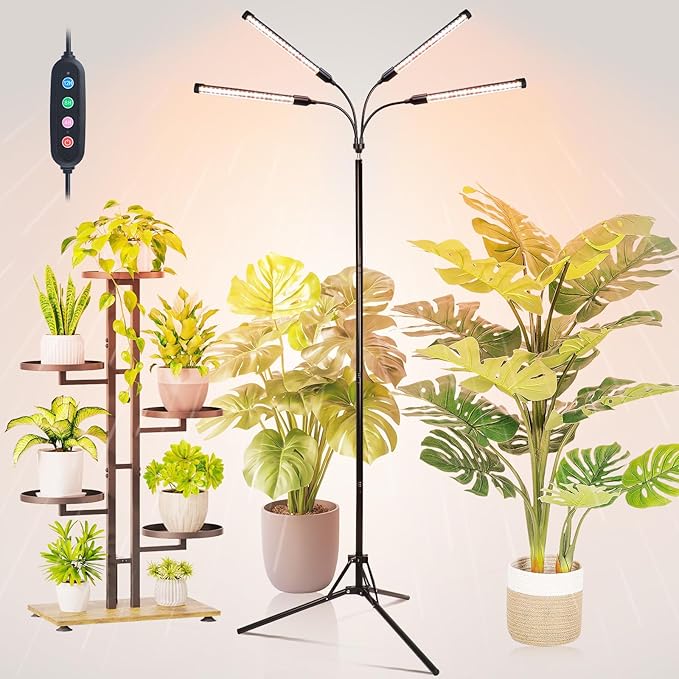 FECiDA 2026 4Head Grow Lights with Upgraded Stand, Standing Grow Lights for Indoor Tall Plants, Bonsai Tree, 4/8/12/16/20 Hr Timer, 36 Watt Power Draw, NO Need Adapter, 24"-72" Height Adjustable