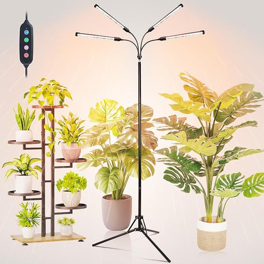 FECiDA 2026 4Head Grow Lights with Upgraded Stand, Standing Grow Lights for Indoor Tall Plants, Bonsai Tree, 4/8/12/16/20 Hr Timer, 36 Watt Power Draw, NO Need Adapter, 24"-72" Height Adjustable