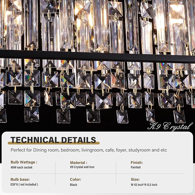 Modern Black Crystal Chandeliers For Dining Room, 42" Large Rectangle Water Ripple Glass Pendant Elegant Linear Lighting for Kitchen Island Dining Room LivingRoom Flat Inclined Ceiling,L42 x W11 x H19
