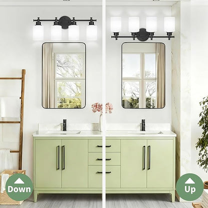 4-Light Bathroom Vanity Light, Black Vanity Lights for Bathroom, Modern Wall Sconce with White Glass Shades, Anti-Rust Vanity Light Fixture over Mirror, 23 Inch (Bulbs Not Included, E26 Base)