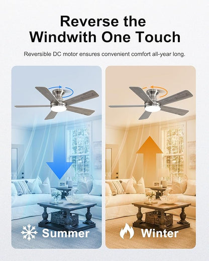 42 Inch Ceiling Fans with Lights, Smart Ceiling Fan with Alexa Google App, Nickel Ceiling Fan with RGB Lights Remote, 6 Speeds Reversible DC Motor, Modern Flush Mount for Bedroom Living Room