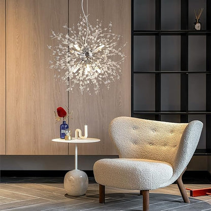 Small Firework Chandelier, 8 Lights Sputnik Pendant Island Light, Chrome Dandelion Crystal Chandelier for Kitchen Dining Room Bedroom