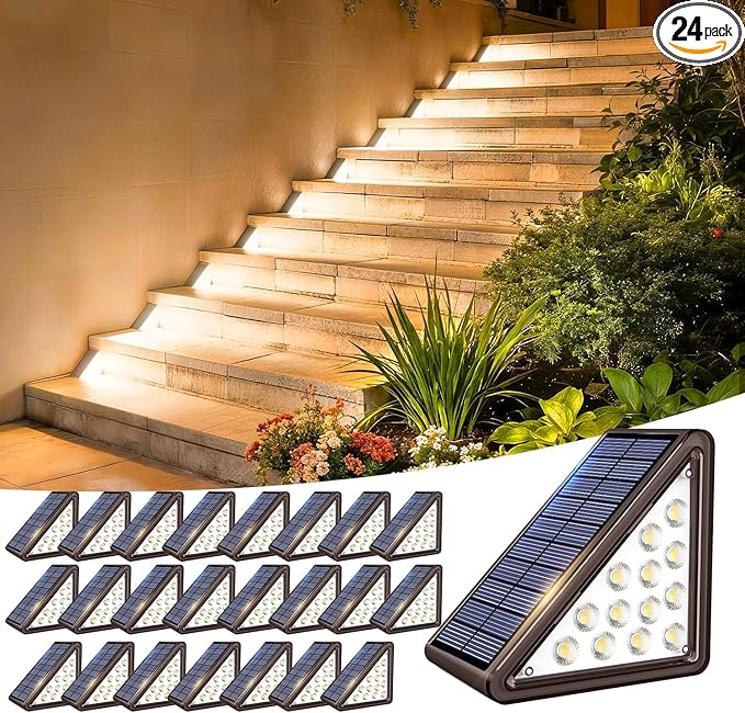 Solar Step Lights Outdoor Waterproof IP65,Warm White Brown Solar Stair Lights, Outdoor Light Decor for Stair, Deck, Step, Porch and Outside Patio, 24 Pack