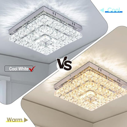 11.8" Crystal Chandelier LED Crystal Flush Mount Ceiling Light Modern Chandeliers Square Ceiling Light for Bedrooms Hallway Kitchen Office (6500K Cool White) Without Remote Control