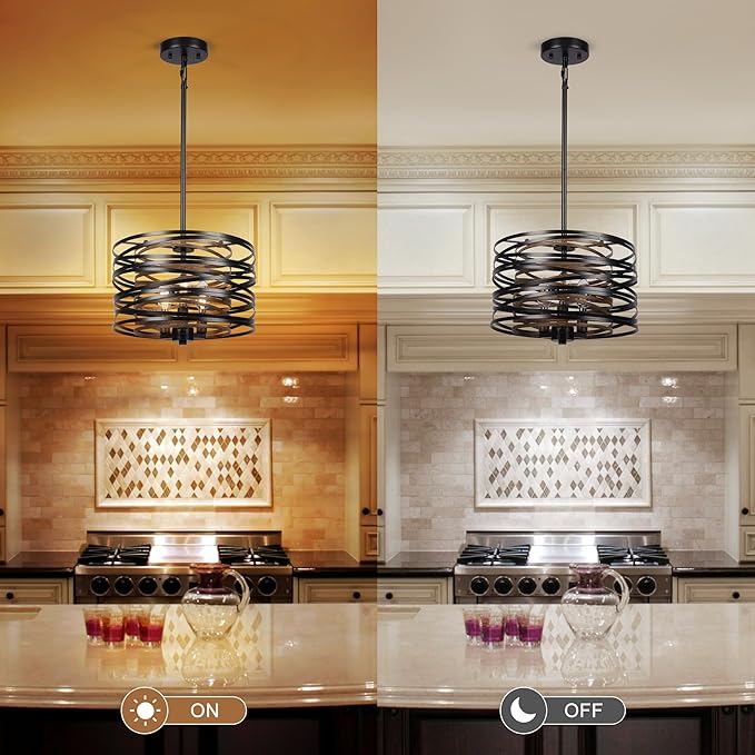 Sigaitwei 3-Light Dining Room Chandelier，12.6" Rustic Black Drum Chandeliers，Wood Grain and Vintage Light Fixture for Kitchen Entryway Living Room