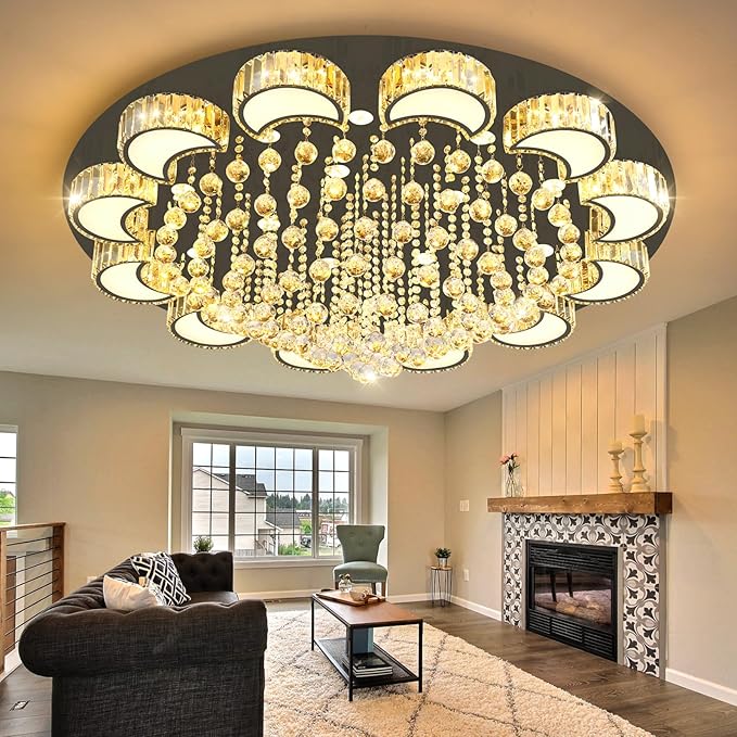 47" Black Modern Crystal Chandeliers for Dining Room LED Dimmable Light Fixtures Flush Mount Light Living Room Bedrooms