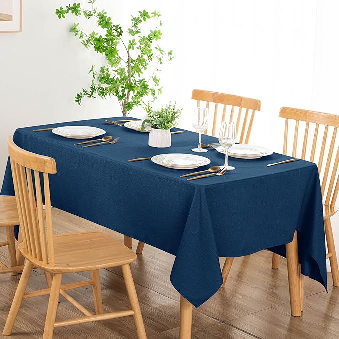 DWCN Rectangle Faux Linen Tablecloth - Waterproof Spill-Proof Wrinkle and Stain Resistant Table Cloth Washable Decorative Farmhouse Table Cover for Kitchen Dining Party, 60 x 120 Inch, Navy Blue