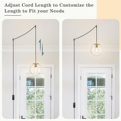 KoKo&Yukina 8" Globe Pendant Light Gold Plug in Pendant Light Adjustable Hanging Lights with Plug in Cord Brushed Gold Finished with Clear Glass Lampshade for Bedroom Kitchen Island（Bulb Included）
