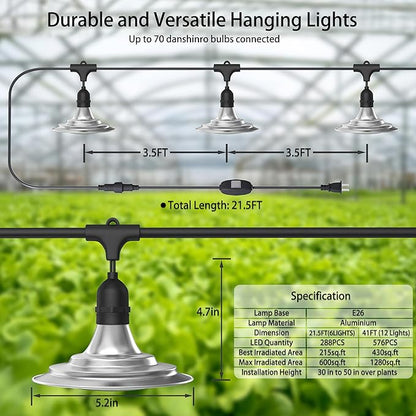 Outdoor LED Grow Light, Waterproof String Plant Growing Light, 41 FT Full Spectrum Growth Light, Suitable for Garden, Farm, Flower, Seedling Greenhouse Grow Light (12 Light)
