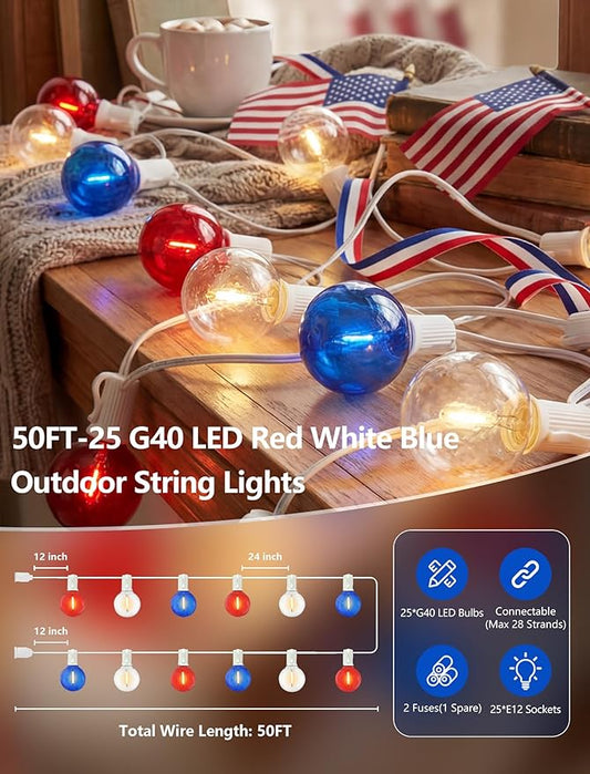 SUNSGNE 4th of July Decorations G40 LED Outdoor String Lights, 50FT Globe String Lights with 25 LED Red White and Blue Lights for Patriotic Memorial Day Decor, E12 Socket Base, White Wire