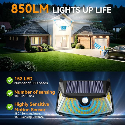 BUCASA 152LED Solar Motion Light Outdoor 850LM Super Bright 3-Mode Motion Sensor Lights Outdoor IP65 Waterproof 270° Wide Security Light Solar Powered Flood Lamp for Garden Wall Fence Garage（2 Pack）