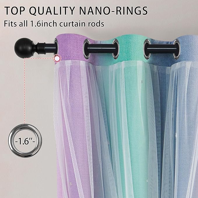 XiDi Purple Grey Green Curtains for Girls Bedroom 2 Panels Set, Rainbow Blackout Curtains for Kids Room Decor, Unicorn Wall Decals Grommet Drapes for Nursery Room 63 Inches Long 52 Inches Wide