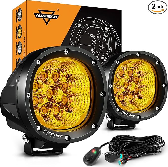 Auxbeam P4 Series Flood Beam Amber Round Light Pods, 4 Inch 90W Yellow Flood Light Bar Backup Reverse, LED Offroad Lights Automotive Work Lights Super Bright Fog Lamp, Pair