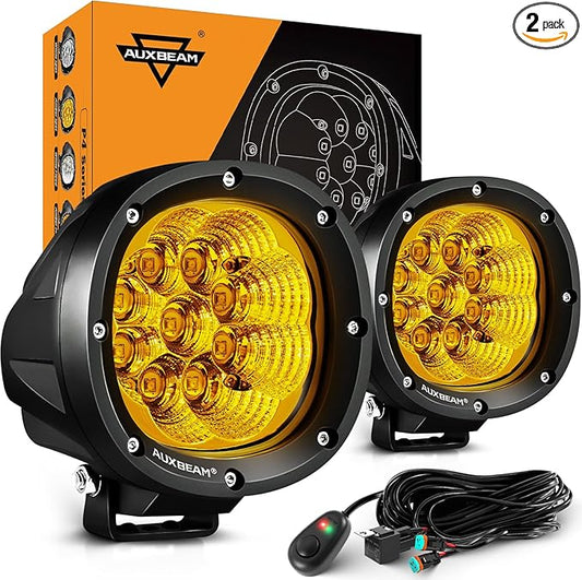 Auxbeam P4 Series Flood Beam Amber Round Light Pods, 4 Inch 90W Yellow Flood Light Bar Backup Reverse, LED Offroad Lights Automotive Work Lights Super Bright Fog Lamp, Pair