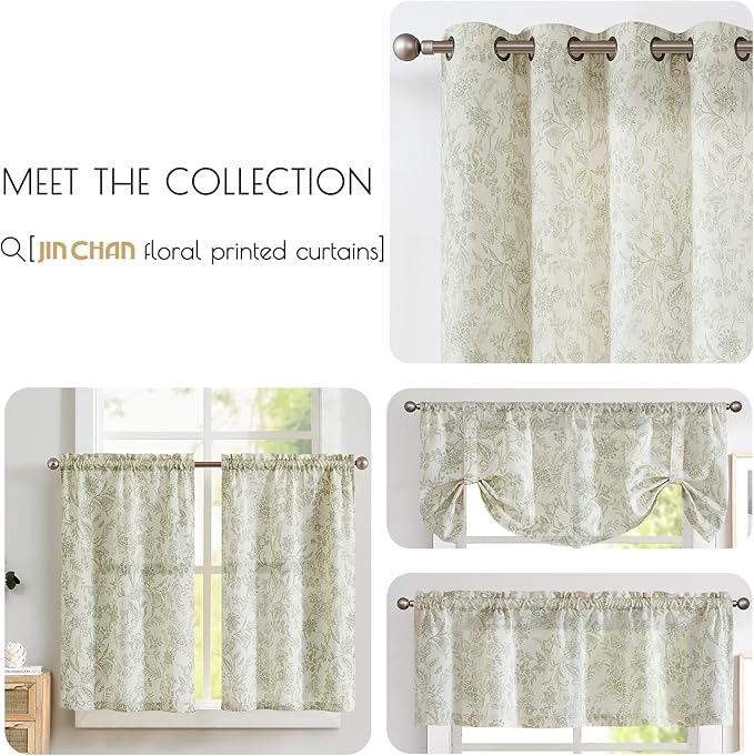 jinchan Linen Kitchen Curtains Floral Printed Tier Curtains 24 Inch Length Farmhouse Cafe Drapes for Small Windows Tie Top Botanic for Country Laundry Room Bathroom RV 2 Panels Sage Green on Beige