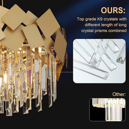 A AXILIXI Gold Crystal Chandelier for Dining Room Modern 20" Drum Chandeliers K9 Round Ceiling Pendant Light Fixtures Luxury Semi Flush Mount Chandelier for Entry Living Room Bedroom