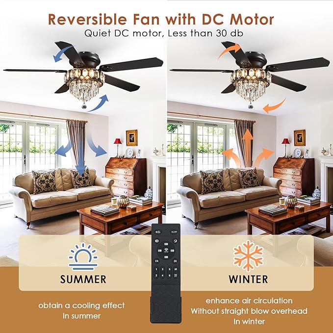Asyko 52" Low Profile Crystal Ceiling Fan Fandelier with Lights and Remote Control- Retro/Farmhouse Ceiling Fans with Noiseless DC Motor, Flush Mount Ceiling Fan Light for Dining Room,Bedroom